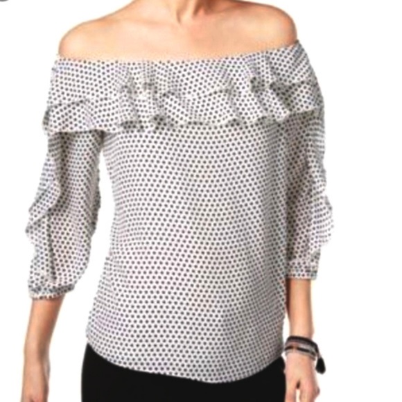 INC International Concepts Tops - INC Ruffled Off Shoulder Top White Black Dot XL